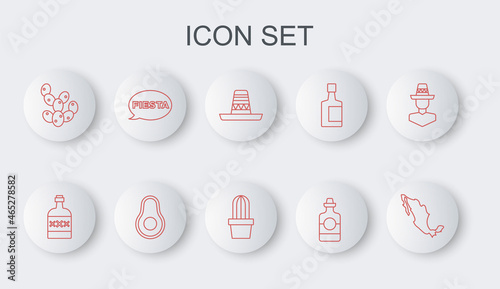 Set line Map of mexican, Tequila bottle, Mexican sombrero, Cactus, Fiesta, Avocado fruit and or succulent in pot icon. Vector
