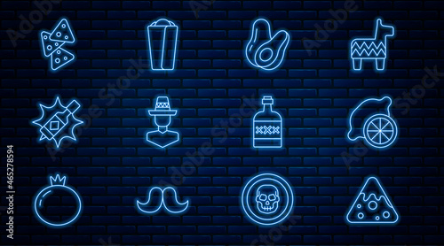 Set line Nachos, Lemon, Avocado fruit, Mexican man sombrero, Tabasco sauce, Tequila bottle and Burrito icon. Vector