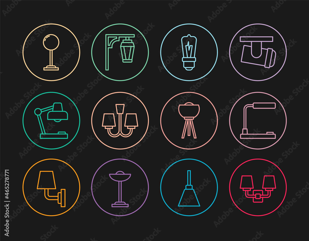 Set line Wall lamp or sconce, Table, Light bulb, Chandelier, Floor, and Vintage street light icon. Vector Set line Wall lamp or sconce, Table, Light bulb, Chandelier, Floor, and Vintage street light icon. Vector