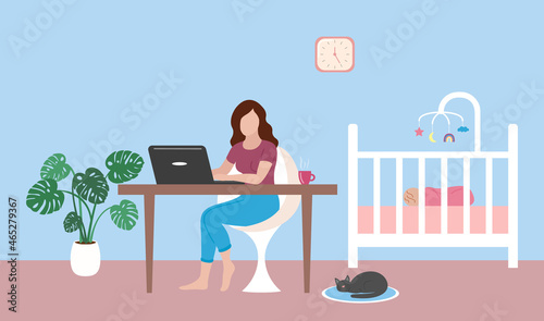 Mom works at home remotely with laptop. Baby sleeping in crib. Young woman working and sitting at table. Vector flat illustration