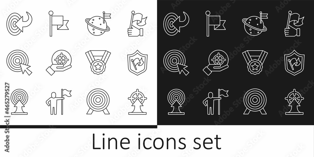 Set line Target, Shield with flag, Moon, arrow, Medal and Flag icon. Vector
