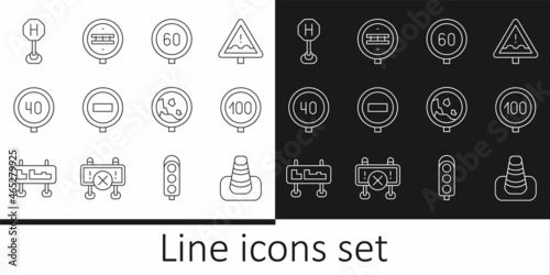Set line Traffic cone, Speed limit traffic, Stop sign, Hospital road, Road warning rockfall and Railroad crossing icon. Vector