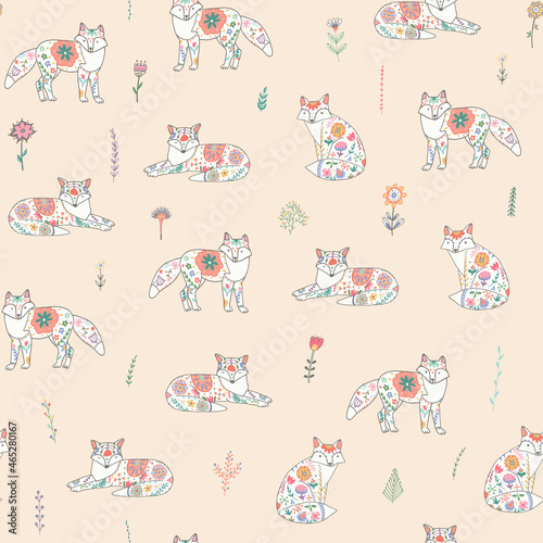 fox animal with floral ornament vector seamless pattern