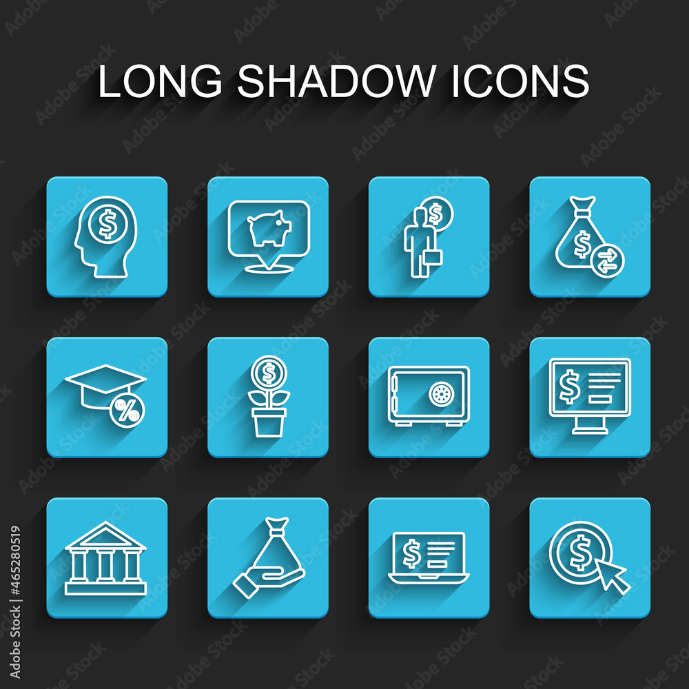 Set line Bank building, Money hand, Business man planning mind, Laptop with dollar, Coin money, Dollar plant, Monitor and Safe icon. Vector Set line Bank building, Money hand, Business man planning mind, Laptop with dollar, Coin money, Dollar plant, Monitor and Safe icon. Vector