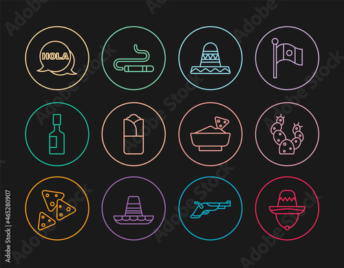 Set line Mexican sombrero, Cactus, Burrito, Tabasco sauce, Hola, Nachos in bowl and Cigar icon. Vector