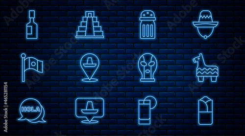 Set line Burrito, Pinata, Salt, Mexican sombrero, Mexico flag, Tabasco sauce, wrestler and Chichen Itza Mayan icon. Vector