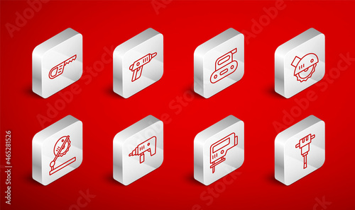 Set line Construction jackhammer, Electric cordless screwdriver, planer tool, circular saw, jigsaw, Reciprocating, drill machine and Table for woodwork icon. Vector