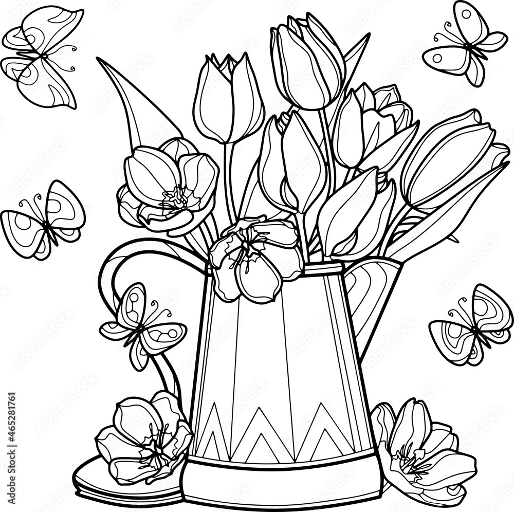 Vector coloring page antistress for adults and children. Tulips in a ...