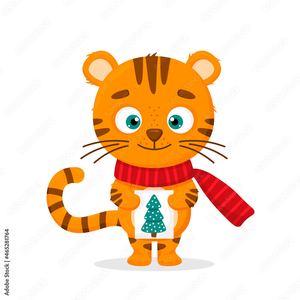 A cute cartoon tiger in a scarf holds a card with a Christmas tree on a white background. Element for print, postcards and decor. Vector illustration. A cute cartoon tiger in a scarf holds a card with a Christmas tree on a white background. Element for print, postcards and decor. Vector illustration.