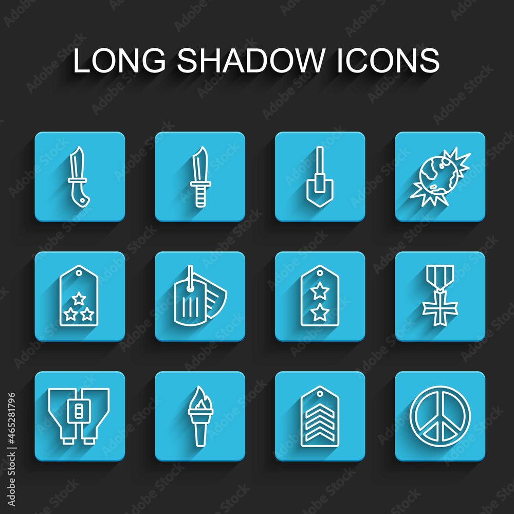 Set line Binoculars, Torch flame, Military knife, Chevron, Peace, dog tag, reward medal and rank icon. Vector Set line Binoculars, Torch flame, Military knife, Chevron, Peace, dog tag, reward medal and rank icon. Vector