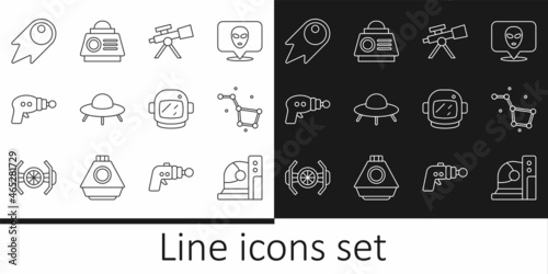 Set line Astronaut helmet, Great Bear constellation, Telescope, UFO flying spaceship, Ray gun, Comet falling down fast, and Space capsule icon. Vector