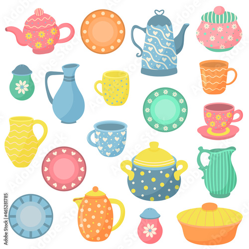 Ceramic kitchenware set. Beautiful decorative handmade ceramics. Kitchen utensils and dinnerware. Restaurant faience.
