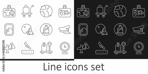 Set line Clock, Pilot hat, Worldwide, Modern pilot helmet, Airplane window, Suitcase, No alcohol and Trolley baggage icon. Vector