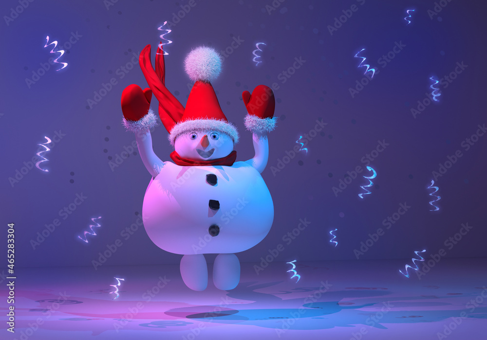 A cheerful happy cartoon character of a snowman rejoices and jumps at a party among falling confetti. New Year and Christmas holiday illustration in neon color. 3D Render