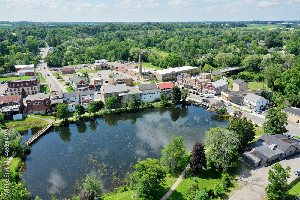 Aerial of the town of Ayr, Ontario, Canada