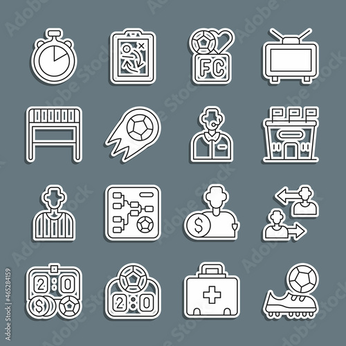 Set line Football shoes, Substitution football player, stadium, Fan club, Soccer, goal, Stopwatch and or soccer commentator icon. Vector
