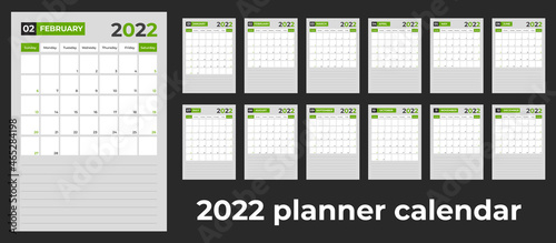 2022 planner calendar design template set week start on Sunday. 2022 corporate planner calendar design set with green color.