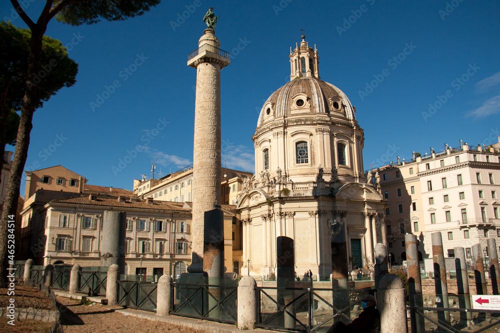 View on column of Traijan, church Santa Maria de Loreto,  Trajan Forum and pine trees in Rome