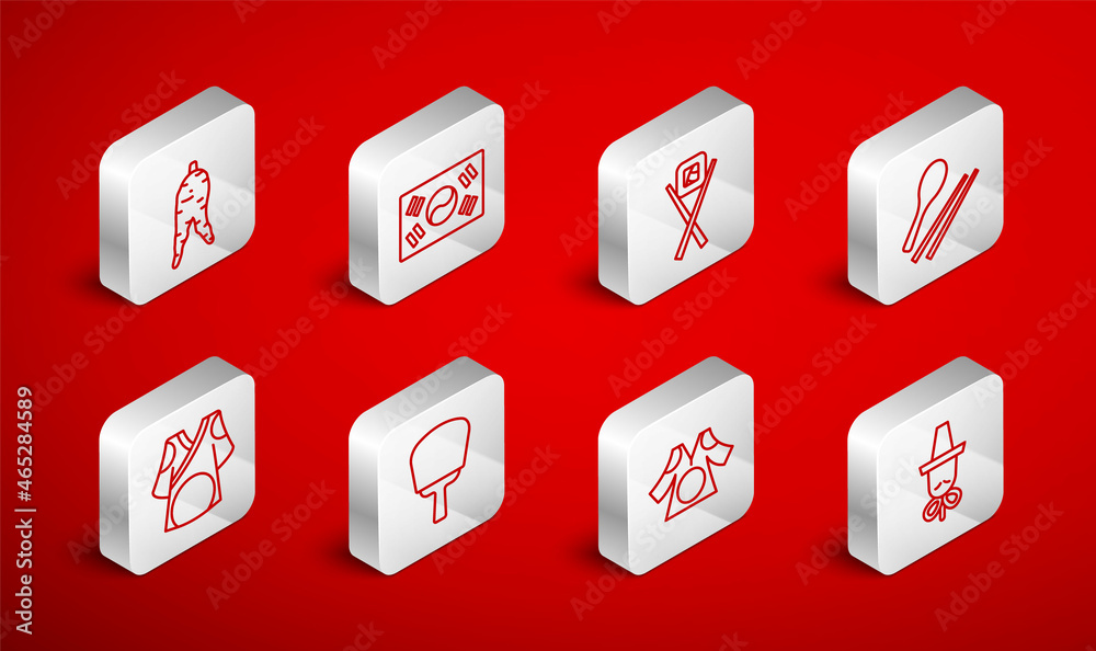 Set line Korean hat, South flag, Sushi with chopsticks, Food, Kimono, Ginseng root, hand fan and icon. Vector Set line Korean hat, South flag, Sushi with chopsticks, Food, Kimono, Ginseng root, hand fan and icon. Vector