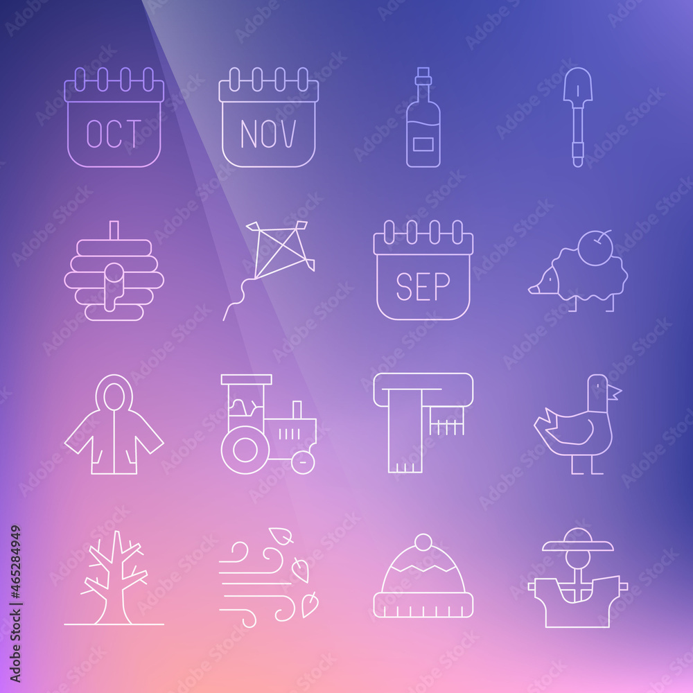 Set line Scarecrow, Dove, Hedgehog, Bottle of wine, Kite, Hive for bees, October calendar autumn and September icon. Vector Set line Scarecrow, Dove, Hedgehog, Bottle of wine, Kite, Hive for bees, October calendar autumn and September icon. Vector