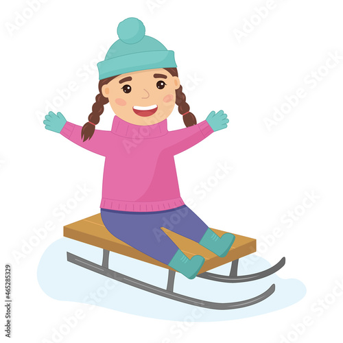 A girl rides a sleigh. Vector illustration isolated on a white background.