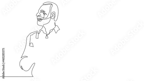 Portrait of old fermer with crossing hands in the hat standing in the golden field and turning. Farming minimalist concept. Full length single line animation. High quality 4k footage