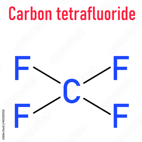 Tetrafluoromethane (carbon tetrafluoride, CF4) greenhouse gas molecule. Skeletal formula. photo