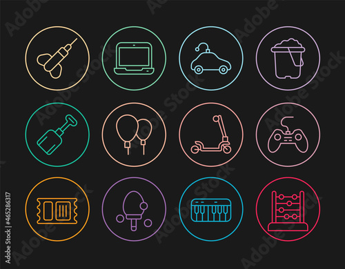 Set line Abacus, Gamepad, Radio controlled car toy, Balloons, Shovel, Dart arrow, Roller scooter and Laptop icon. Vector