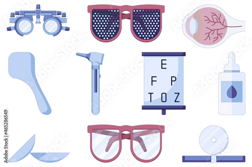 Set ophthalmology equipment, glasses and eye drops, icons in a flat style isolated on a white background. Vector illustration
