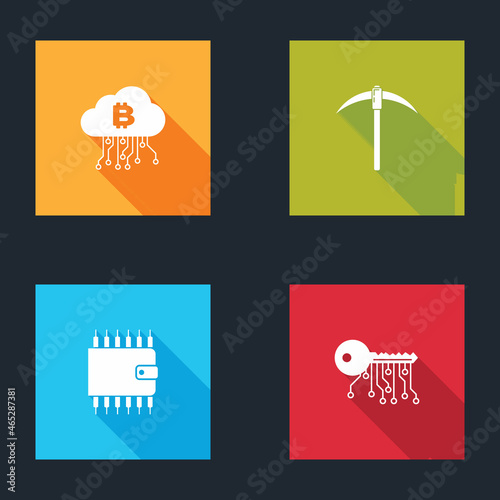 Set Cryptocurrency cloud mining, Pickaxe, wallet and key icon. Vector