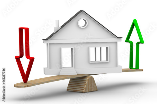 Changes in the value of real estate. Symbolic house with upward and downward arrows on the scales. The scales in the equilibrium position. 3d illustration