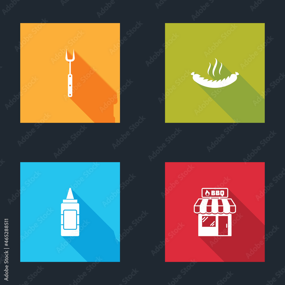 Set Barbecue fork, Sausage, Mustard bottle and shopping building icon. Vector Set Barbecue fork, Sausage, Mustard bottle and shopping building icon. Vector