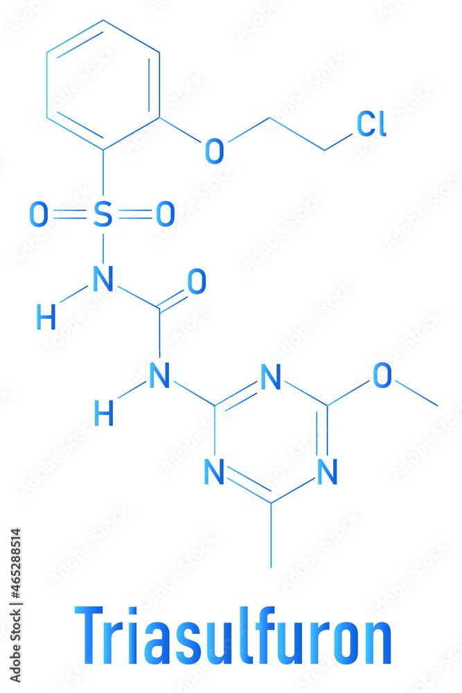 Triasulfuron herbicide molecule. Skeletal formula. Triasulfuron herbicide molecule. Skeletal formula.