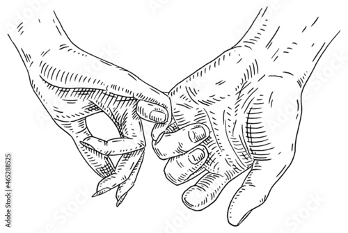Couple holding little fingers. Black vintage engraving isolated white