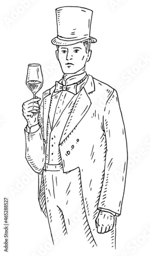 Gentleman holding glass wine. Vintage hatching illustration. Isolated on white
