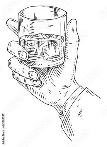 Male hand holding glass whiskey with ice cube. Vintage black vector engraving