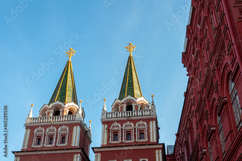 Arch towers over Resurrection Gate at the entrance to Red Square in Moscow, Russia