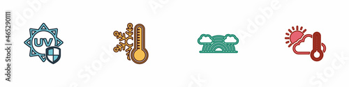 Set UV protection, Thermometer with snowflake, Rainbow clouds and and cloud, sun icon. Vector