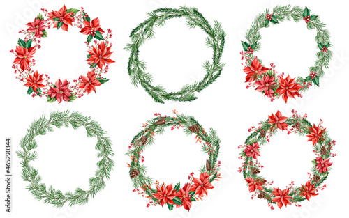 Christmas wreath, white background. Green pine, fir branches, cones, red berries. Nature design. Greeting card, poster template. Christmas holidays