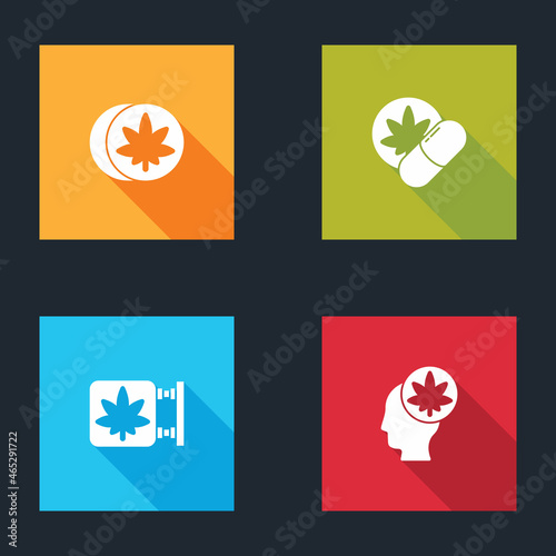 Set Herbal ecstasy tablets, , Marijuana and cannabis store and Head with marijuana icon. Vector