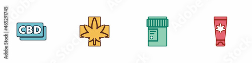 Set Cannabis molecule, Medical marijuana or cannabis leaf, bottle with and cream icon. Vector