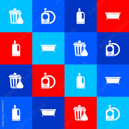 Set Trash can and garbage bag, Dishwashing liquid bottle plate, Fabric softener and Bathtub icon. Vector