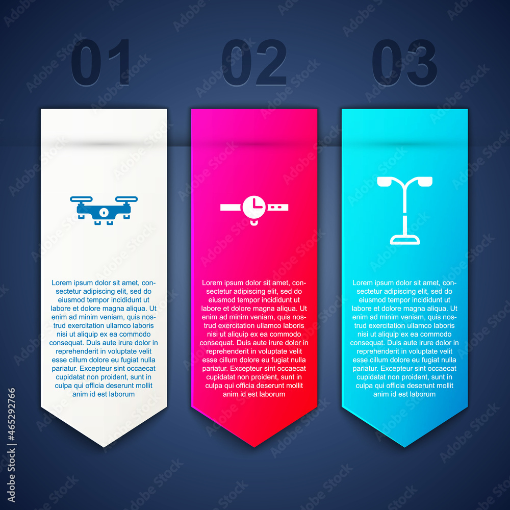 Set Drone flying, Wrist watch and Street light. Business infographic template. Vector Set Drone flying, Wrist watch and Street light. Business infographic template. Vector