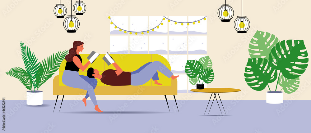 Couple reading book at home, hygge interior, flat vector stock illustration with hobby or leisure together as reading
