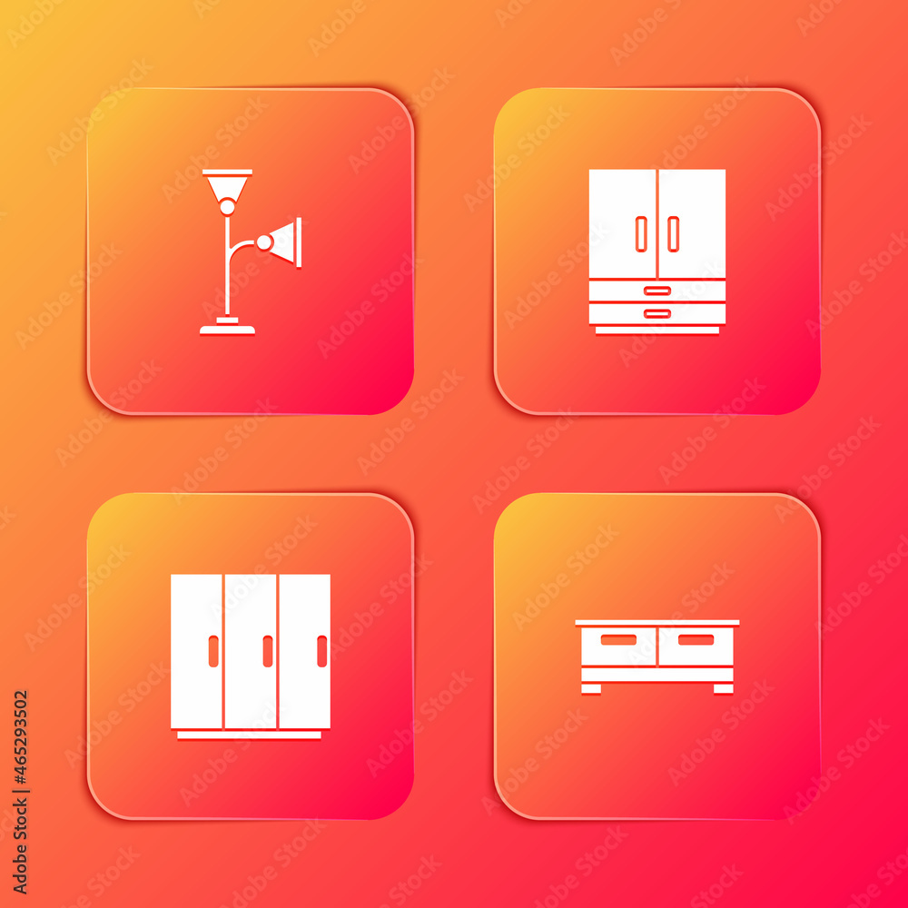 Set Floor lamp, Wardrobe, and Chest of drawers icon. Vector
