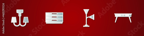 Set Chandelier, Chest of drawers, Floor lamp and Office desk icon. Vector