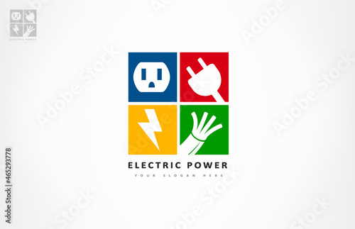 Electrical equipment and electricity logo. Power plug, socket, electrical cable and lightning vector.