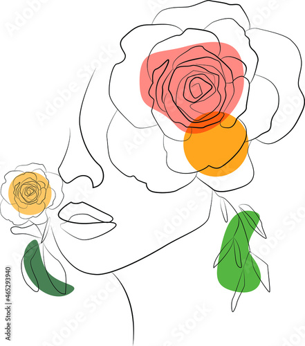 Trendy abstract one-line woman face with rose flowers.