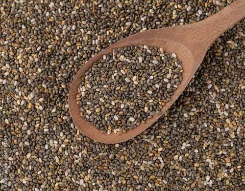 Closeup, top view of chia seeds in a spoon