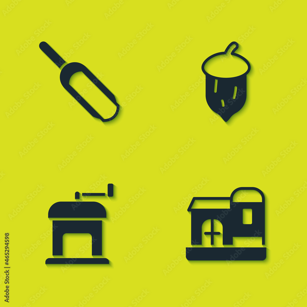 Set Scoop flour, Farm house, Manual coffee grinder and Acorn, oak nut, seed icon. Vector Set Scoop flour, Farm house, Manual coffee grinder and Acorn, oak nut, seed icon. Vector